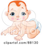 Poster, Art Print Of Cute Red Haired Baby Boy Crawling In A Diaper