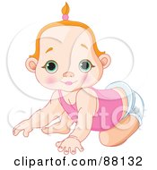 Poster, Art Print Of Cute Red Haired Baby Girl Crawling In A Diaper
