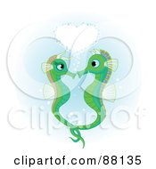 Poster, Art Print Of Heart Of Bubbles Over A Green Seahorse Pair