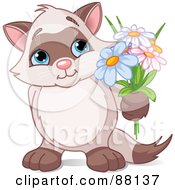 Royalty Free RF Clipart Illustration Of An Adorable Kitten Holding Up Flowers