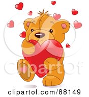 Poster, Art Print Of Cute Amorous Teddy Bear Carrying A Red Love Heart