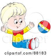 Poster, Art Print Of Happy Blond Caucasian Baby Sitting On The Floor And Playing With A Ball