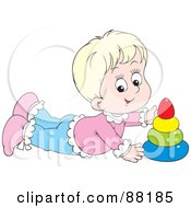 Poster, Art Print Of Happy Blond Caucasian Baby Laying On Her Tummy And Playing With A Toy