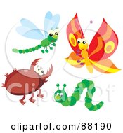 Royalty Free RF Clipart Illustration Of A Digital Collage Of A Dragonfly Butterfly Beetle And Green Caterpillar