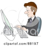 Royalty Free RF Clipart Illustration Of A Brunette Businessman In Profile Working On A Desktop Computer by Alex Bannykh
