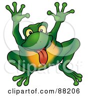 Green Frog Holding His Arms Up And Sticking His Tongue Out