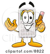 Clipart Picture Of A Calculator Mascot Cartoon Character Holding A Pencil