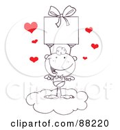Poster, Art Print Of Outlined Stick Cupid Standing On A Cloud And Holding Up A Gift