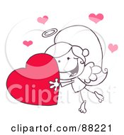 Poster, Art Print Of Outlined Stick Cupid Girl Carrying A Red Heart