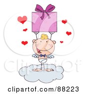Royalty Free RF Clipart Illustration Of A Stick Cupid Standing On A Cloud And Holding Up A Gift