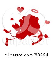 Royalty Free RF Clipart Illustration Of A Red Silhouetted Stick Cupid Flying With Hearts