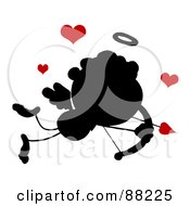 Royalty Free RF Clipart Illustration Of A Black Silhouetted Stick Cupid Flying With Red Hearts