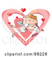 Poster, Art Print Of Stick Cupid Squinting One Eye While Aiming His Arrow In Front Of A Heart