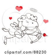 Poster, Art Print Of Outlined Stick Cupid With Red Hearts Closing One Eye While Aiming His Arrow
