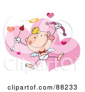 Royalty Free RF Clipart Illustration Of A Stick Cupid In Front Of Hearts Holding Up A Bow And Arrow