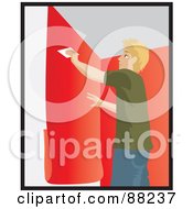 Poster, Art Print Of Caucasian Man Using A Scraper To Smooth And Install Red Wallpaper