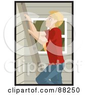 Caucasian Man Climbing A Ladder On The Side Of A House