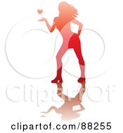 Red Woman Silhouette With A Heart Hovering Over Her Hand And A Reflection