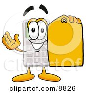 Poster, Art Print Of Calculator Mascot Cartoon Character Holding A Yellow Sales Price Tag