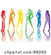 Royalty Free RF Clipart Illustration Of A Line Of Red Orange Yellow Green Blue And Purple Sexy Pinup Women With Hearts On Their Bodies And Reflections by Rosie Piter #COLLC88260-0023
