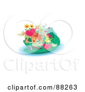 Royalty Free RF Clipart Illustration Of A Caucasian Boy And Girl Chasing After Flying Hearts