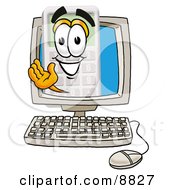 Clipart Picture Of A Calculator Mascot Cartoon Character Waving From Inside A Computer Screen