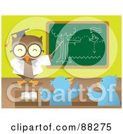 Poster, Art Print Of Professor Owl Teaching Chicks And Pointing To A Chalk Board