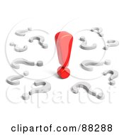 Royalty Free RF Clipart Illustration Of A 3d Red Exclamation Point Surrounded By Scattered Question Marks by Tonis Pan