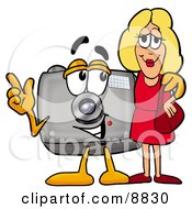 Clipart Picture Of A Camera Mascot Cartoon Character Talking To A Pretty Blond Woman