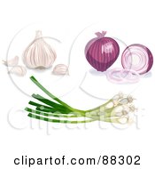 Royalty Free RF Clipart Illustration Of A Digital Collage Of A Purple Onion Garlic And Scallions by Tonis Pan