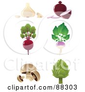 Royalty Free RF Clipart Illustration Of A Digital Collage Of Garlic Red Onions A Beet Turnip Button Mushrooms And An Artichoke