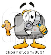 Clipart Picture Of A Camera Mascot Cartoon Character Looking Through A Magnifying Glass