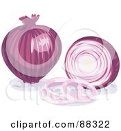Whole Shiny Purple Onion By A Sliced Onion