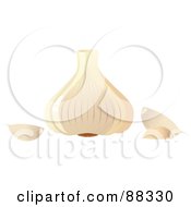 Poster, Art Print Of Shiny Green White Garlic Bulb And Cloves
