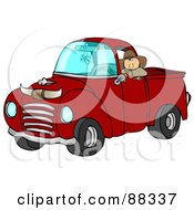 Poster, Art Print Of Cowboy Leaning Out The Window Of His Vintage Red Pickup Truck With Horns On The Hood
