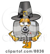 Poster, Art Print Of Camera Mascot Cartoon Character Wearing A Pilgrim Hat On Thanksgiving