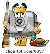 Camera Mascot Cartoon Character Duck Hunting Standing With A Rifle And Duck
