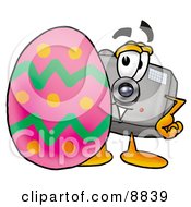 Poster, Art Print Of Camera Mascot Cartoon Character Standing Beside An Easter Egg