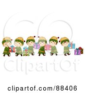 Poster, Art Print Of Team Of Christmas Elves Passing Along Gifts In A Line