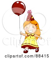 Happy Red Haired Birthday Girl Running With A Red Balloon