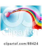 Poster, Art Print Of Pink Heart With A Rainbow Trail Shooting Through A Blue Sky With Puffy Clouds