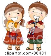 Poster, Art Print Of Brunette Brother And Sister With Their Toys