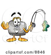 Camera Mascot Cartoon Character Holding A Fish On A Fishing Pole