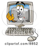 Camera Mascot Cartoon Character Waving From Inside A Computer Screen