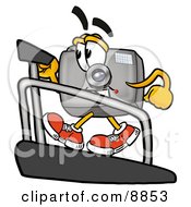 Camera Mascot Cartoon Character Walking On A Treadmill In A Fitness Gym