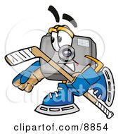 Camera Mascot Cartoon Character Playing Ice Hockey
