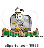 Camera Mascot Cartoon Character Rowing A Boat
