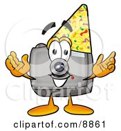 Clipart Picture Of A Camera Mascot Cartoon Character Wearing A Birthday Party Hat by Toons4Biz