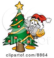 Poster, Art Print Of Camera Mascot Cartoon Character Waving And Standing By A Decorated Christmas Tree