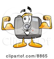 Camera Mascot Cartoon Character Flexing His Arm Muscles